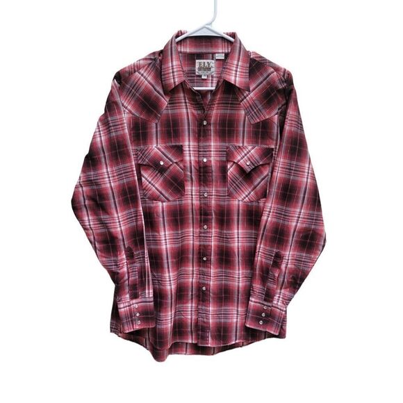 Ely Cattleman Shirt Mens M Red Plaid Pearl Snap Western Cowboy Long Sleeve - Picture 2 of 8
